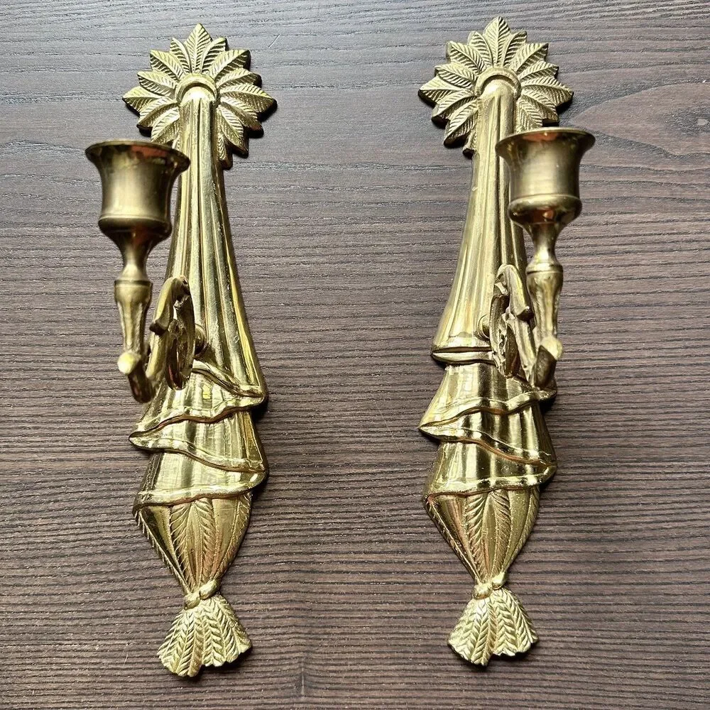Vintage-2 x Brass Wall Sconces 12” Candle Ornate Holders Swivel Arm Made India